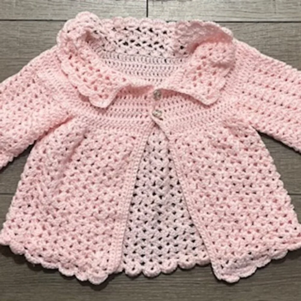 Hand Made Pink Crocheted Little Girls Cardigan Sweater Jacket Size‎ 2T